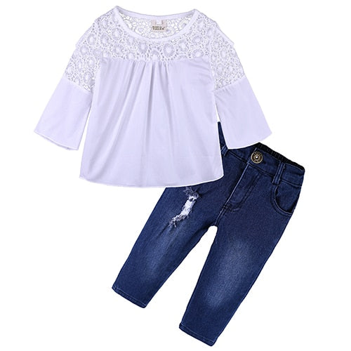 Kids Baby Girl stripe Off Shoulder Hanging neck Top + pink hole pants Outfits Clothes Summer 3Pcs Kid Girls Clothing Set Dtz376