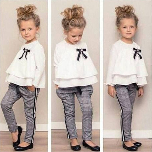 MUQGEW Fashion Baby Kids clothes Girls Clothing Set 2PCs Outfits Ruffle T Shirt Tops+Checked Pants Clothes Set roupas menina